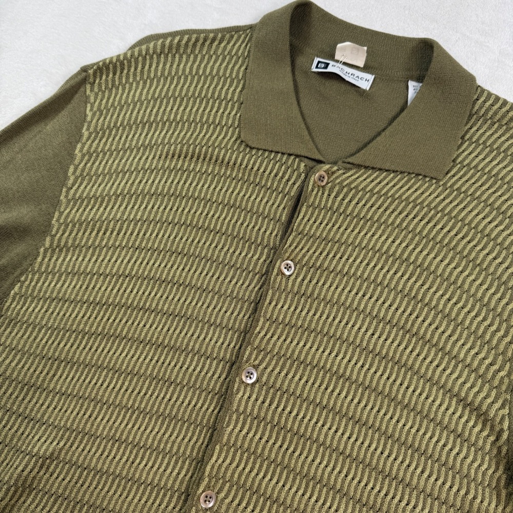 Bachrach Mens Medium Olive Green Knit Button Front Polo Shirt Textured Italy Vtg